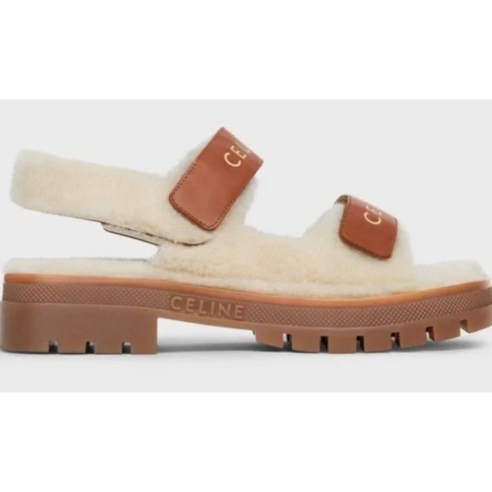 NEW Celine Leo Scratch Sandal Shearling Fur Tan Logo Strap Platform Flat 39 - Picture 2 of 11